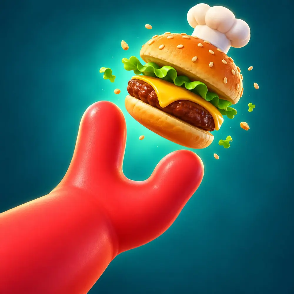 SlipKitchen key art: a red rubber hand tossing a burger wearing a chef's hat
