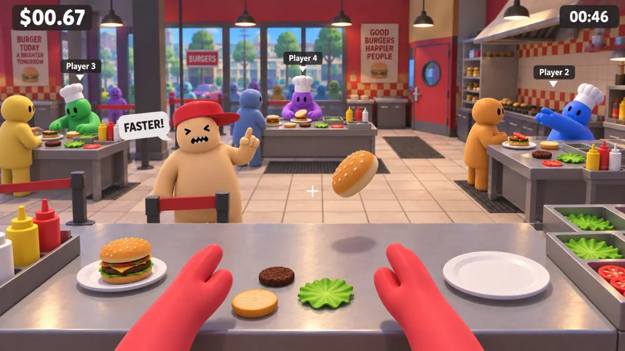 SlipKitchen gameplay: first-person view of rubber hands at a burger counter with four players and an angry customer